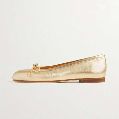 Gold Vegan Leather Round Toe Slip-On Ballet Flats with Bow