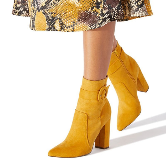 Yellow Vegan Suede Buckle Chunky Heel Ankle Boots