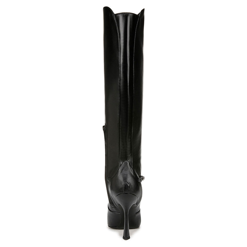 Black Pointy Toe Buckle Strap Detail Knee High Boots with Side Zipper