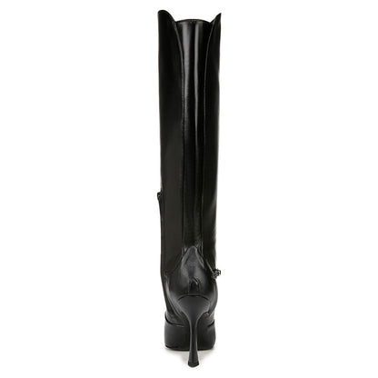 Black Pointy Toe Buckle Strap Detail Knee High Boots with Side Zipper