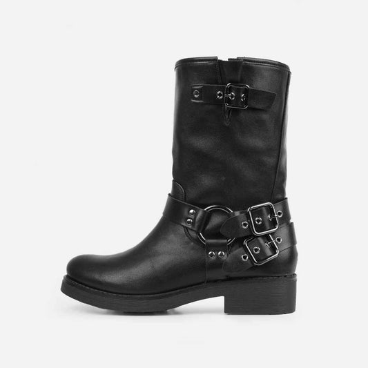 Black Vegan Leather Closed Toe Low Chunky Heel Buckled Ankle Boots