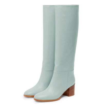 Light Blue Round Toe Block Heel Vegan Leather Knee High Boots