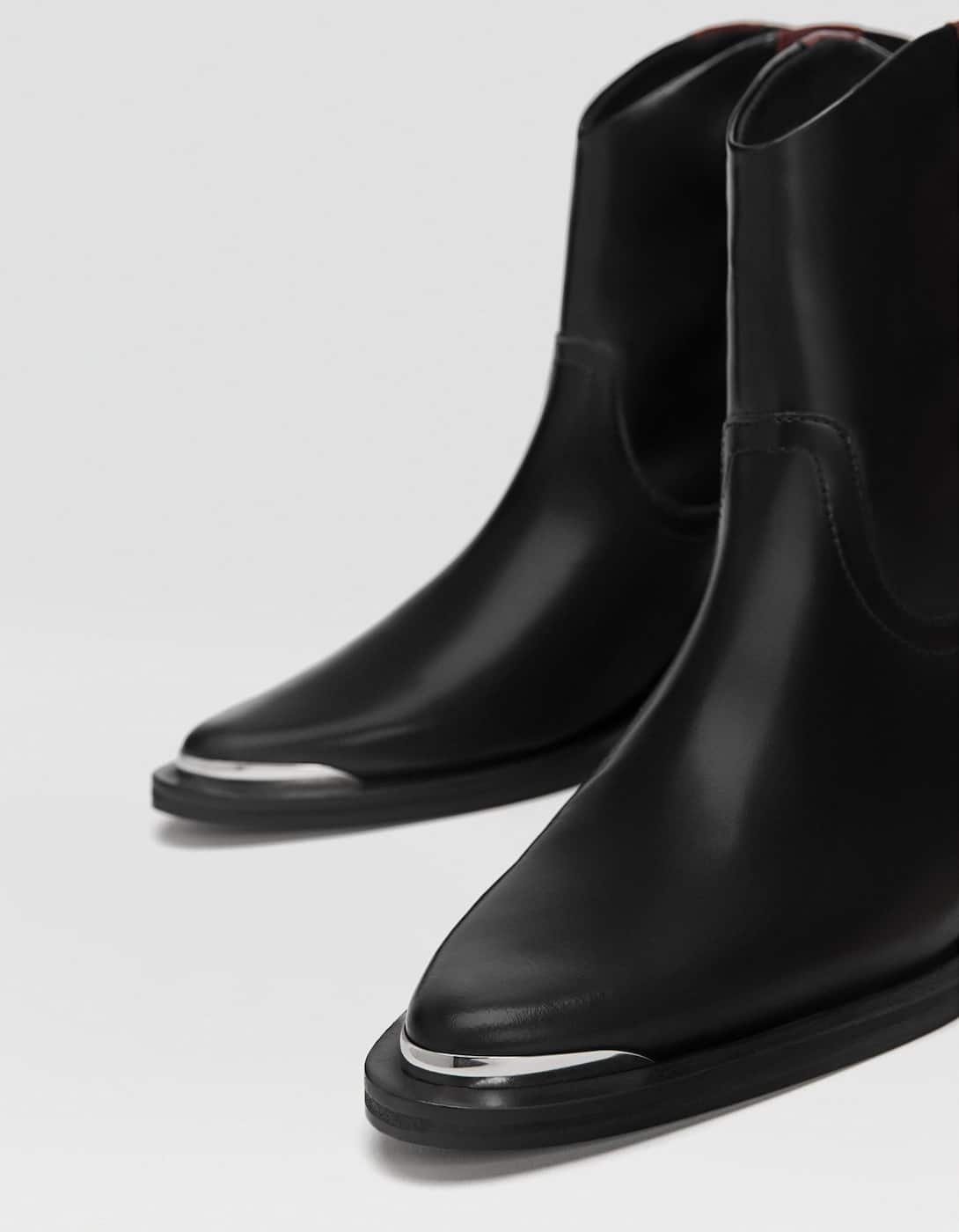 Black Flat Ankle Boots with Burgundy Stripe