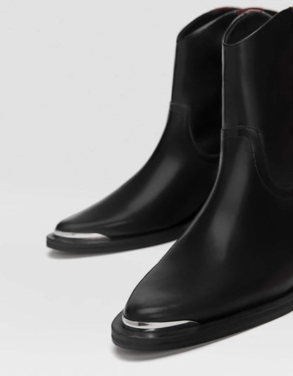 Black Flat Ankle Boots with Burgundy Stripe