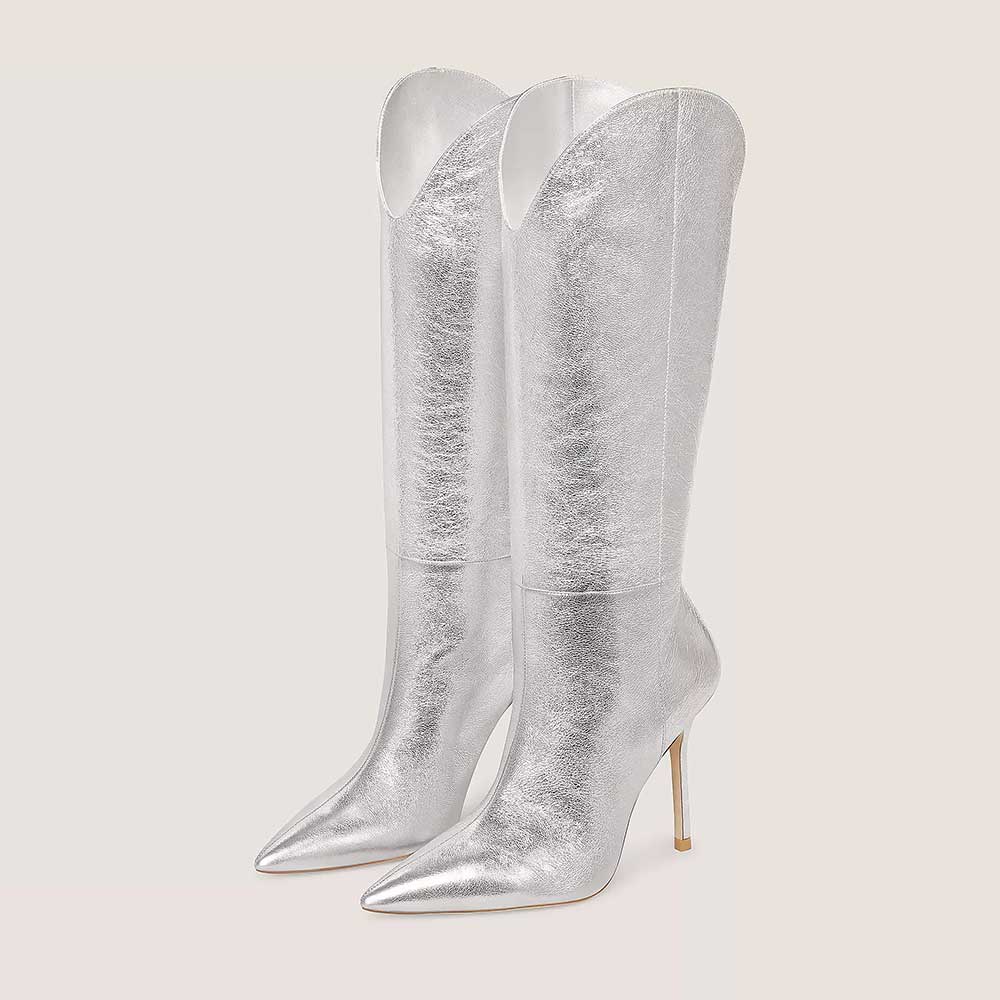Silver Metallic Pointed Toe 4'' Stiletto Heel Knee High Boots