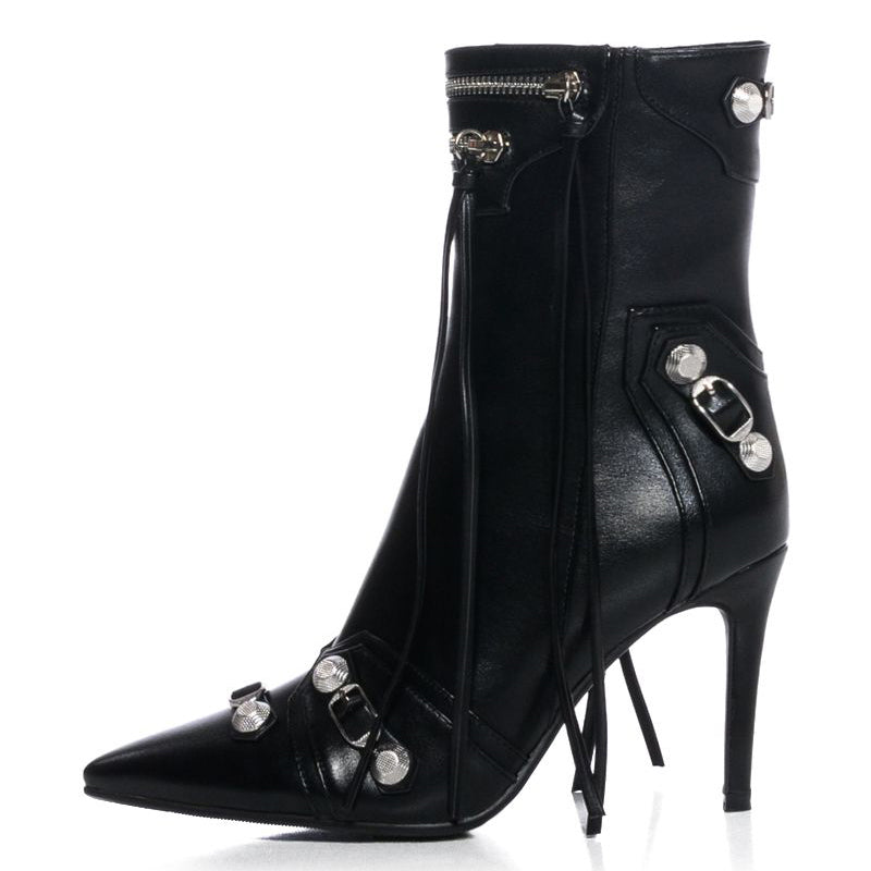 Black Faux Leather Pointed Toe Zipper Stiletto Heel Ankle Boots