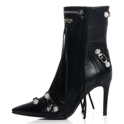 Black Faux Leather Pointed Toe Zipper Stiletto Heel Ankle Boots