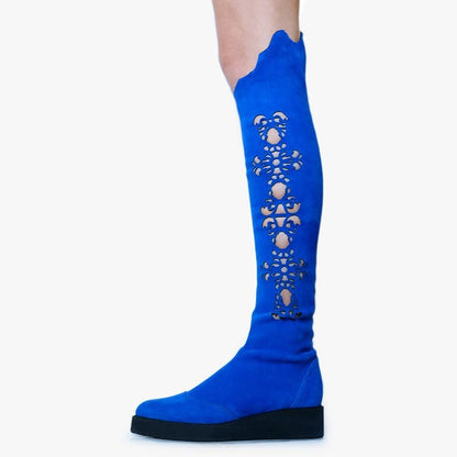 Royal Blue Vegan Suede Hollow Out Flat Knee High Boots