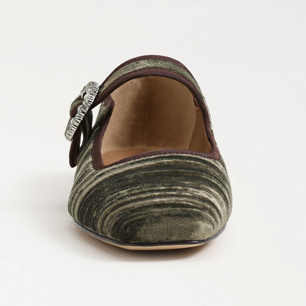 Velvet Square Toe Crystal Buckled Strap Mary Jane Flats in Dark Green