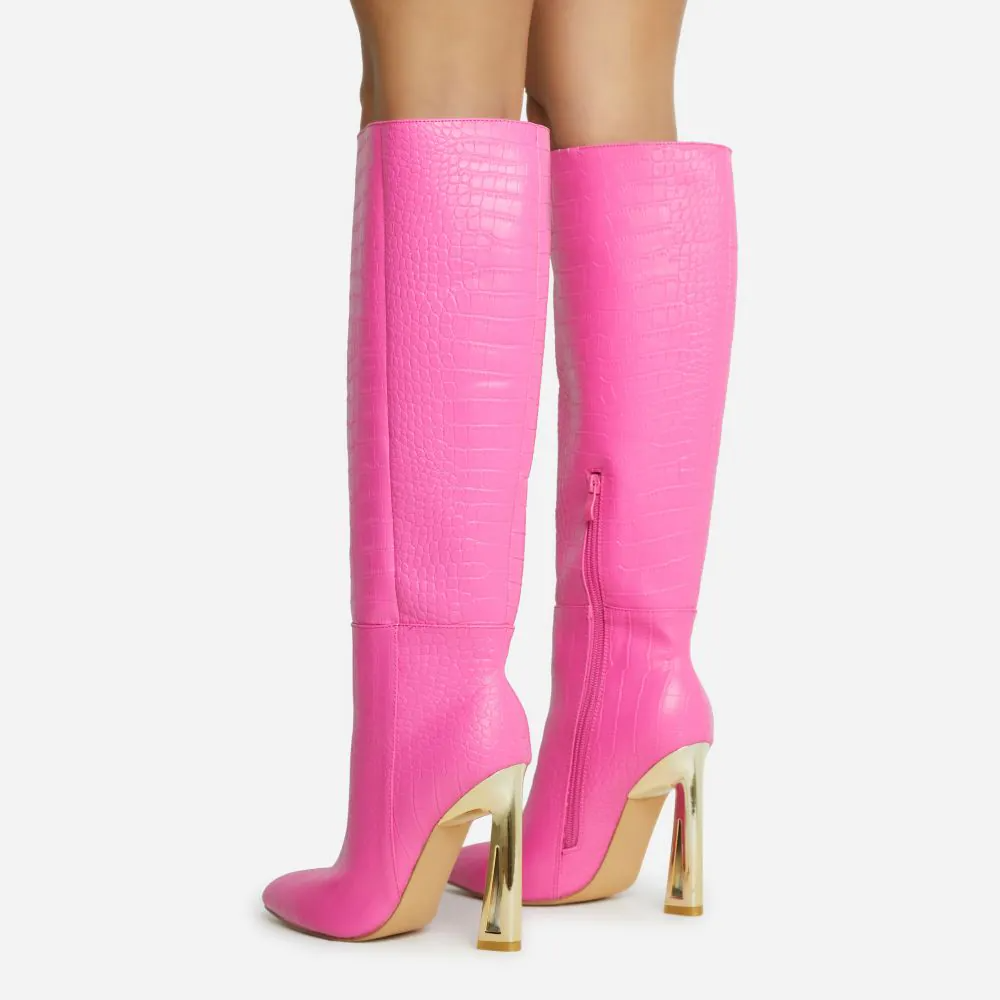 Women's Croco Embossed Decorative Heel Knee High Boots in Pink