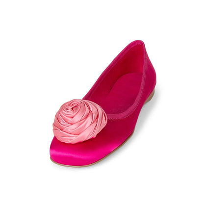 Satin Square Toe Rose Embellishment Ballet Flats in Hot Pink
