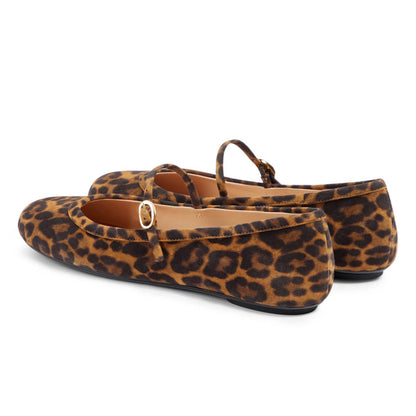 Women's Vegan Suede Round Toe Leopard Flats with Buckle Strap