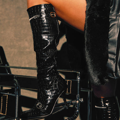 Black Crocodile Embossed Buckled Pointed Toe Heeled Knee High Boots