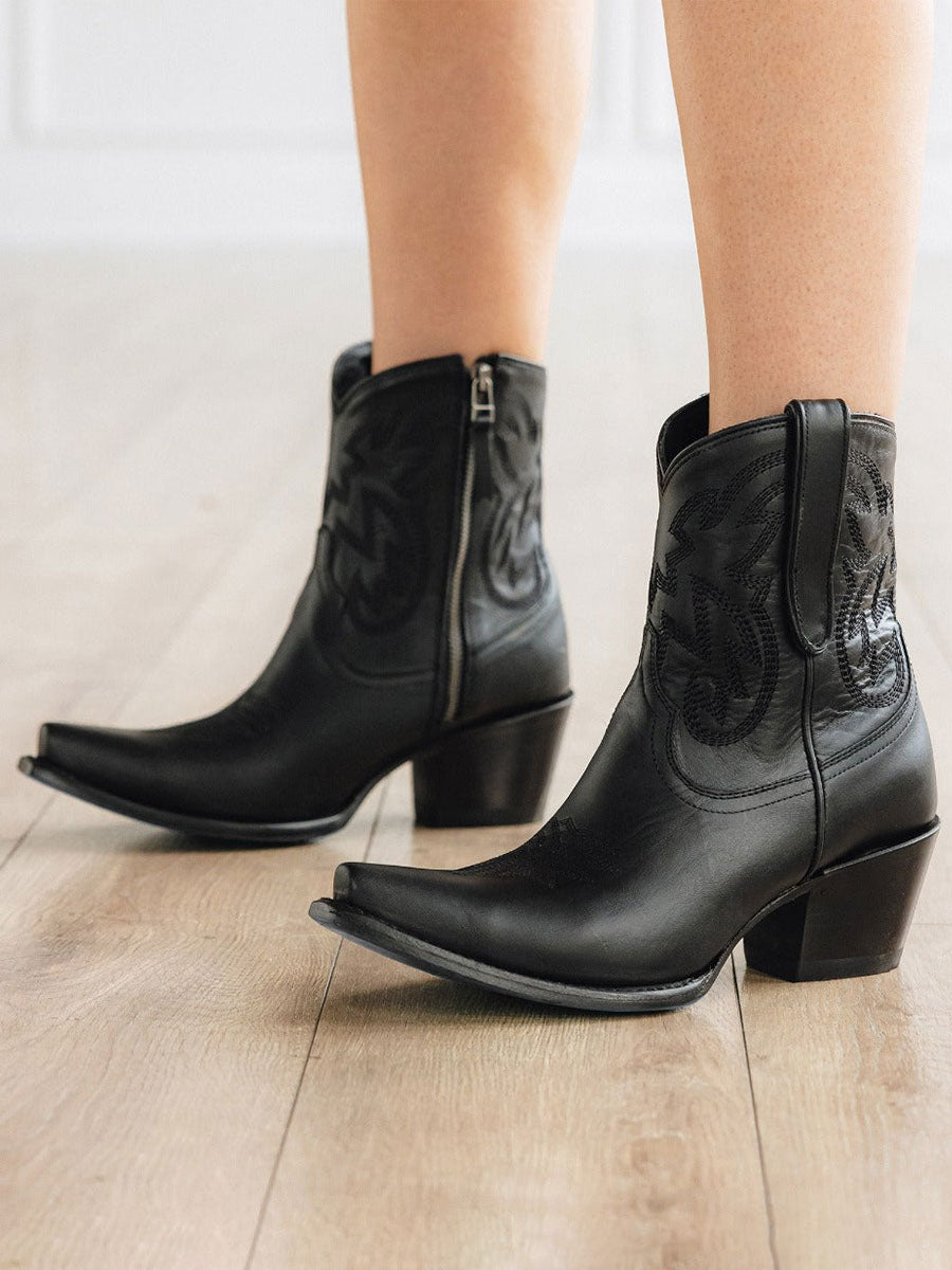 Black Snip Toe Embroidered Cowgirl Ankle Boots with Block Heel