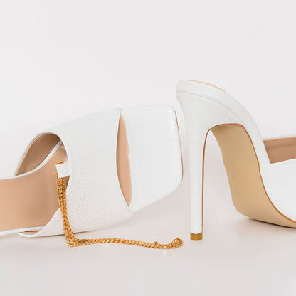 White Snakeskin Square Toe Chain Embellished Mule Heels