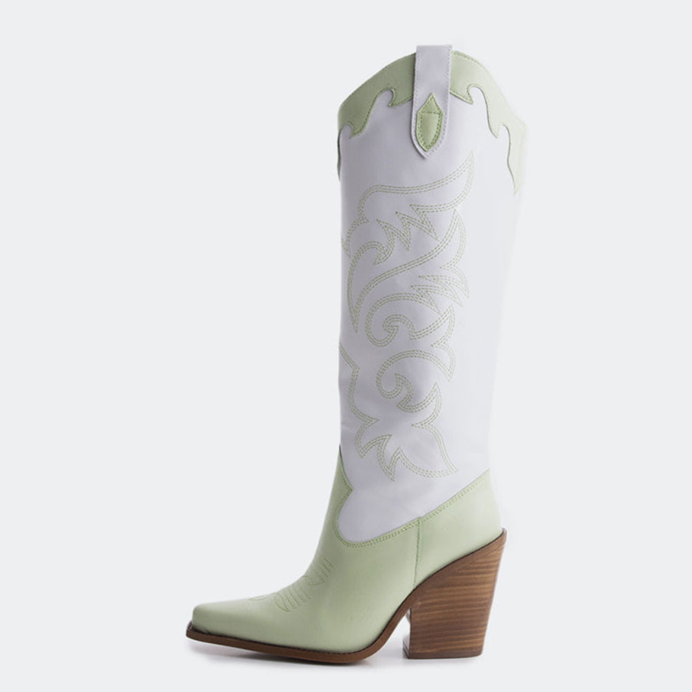 Light Green & White Snip Toe Cowgirl Knee High Boots with Embroidery