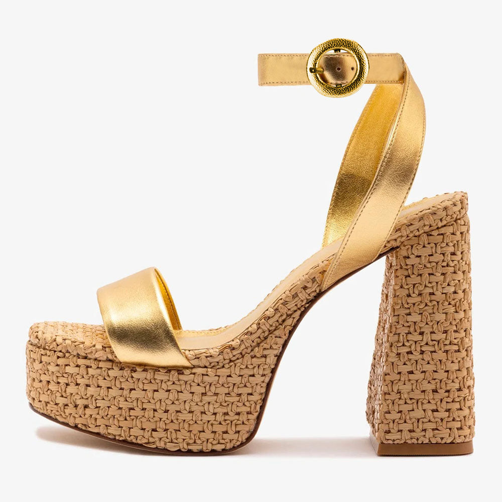 Gold Metallic Finish Open-Toe Woven Platform Sandals for Women