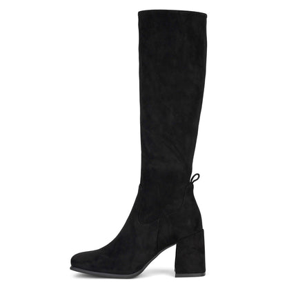 Black Faux Suede Square Toe 3'' Chunky Heel Wide Calf Knee High Boots