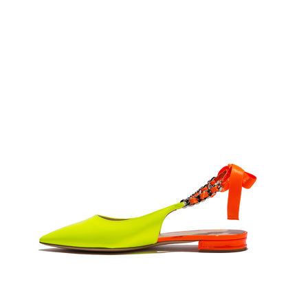 Neon Yellow & Orange Patent Leather Flats Chain Slingback Shoes