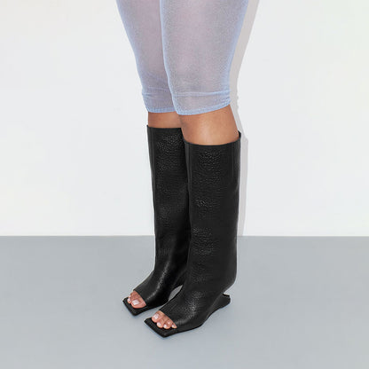 FSJ Black Open Square Toe Textured Wedge Heel Knee High Boots