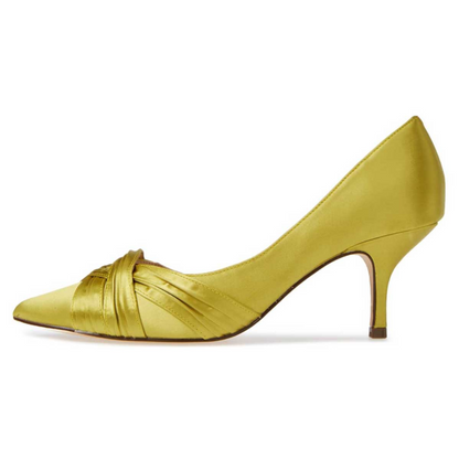 Yellow Satin Pointed Toe Slip-On Pleated Strap Kitten Heel Pumps
