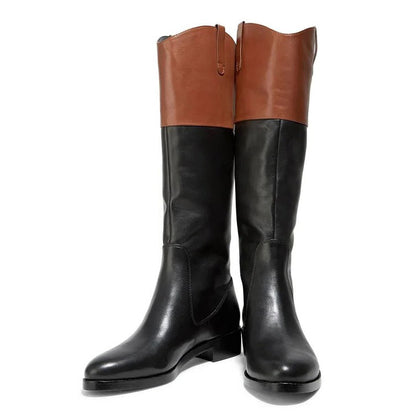 Brown and Black Round-Toe Low Heel Knee High Boots with Zipper