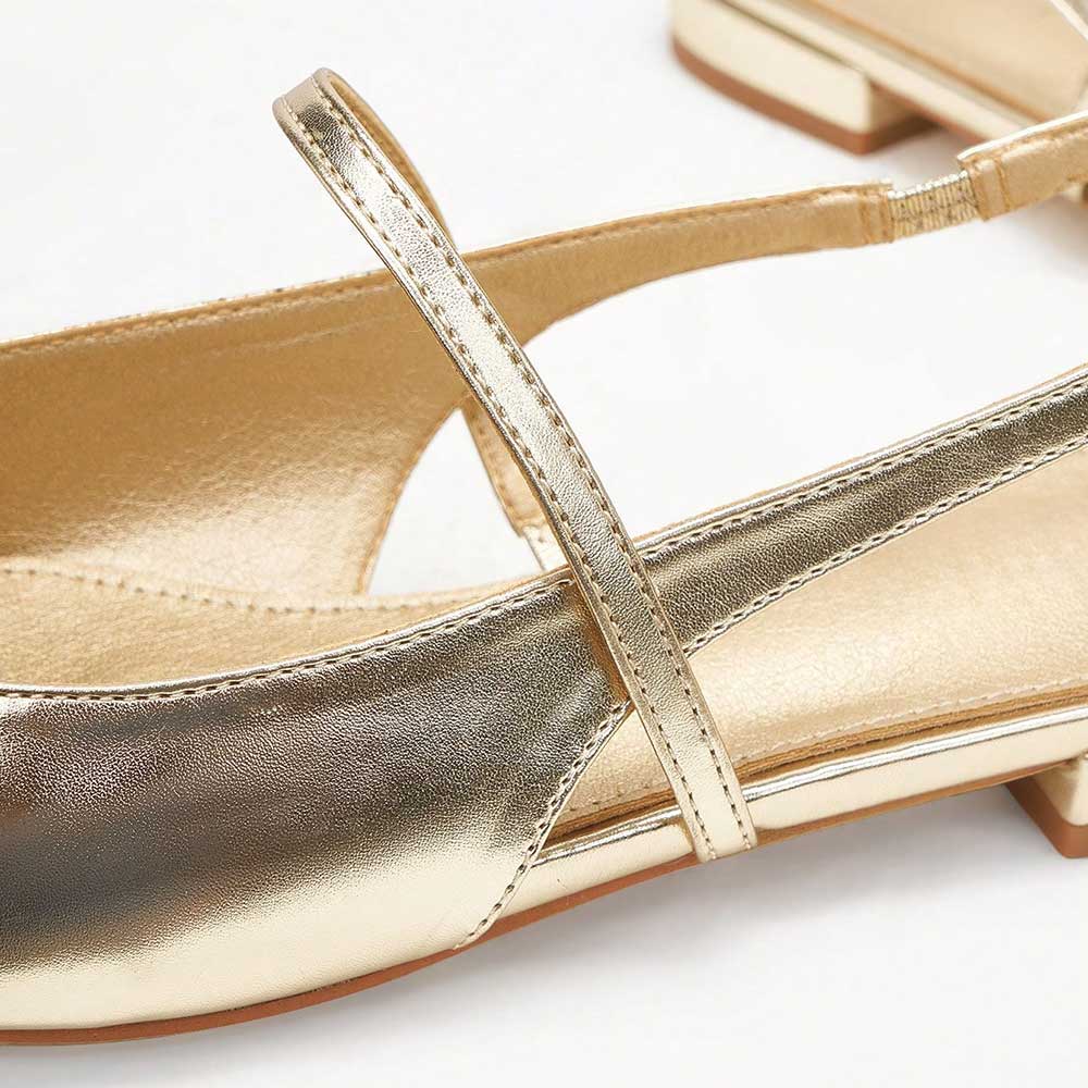Gold Metallic Shoes Pointed Toe Slingback Flats with Elastic Strap