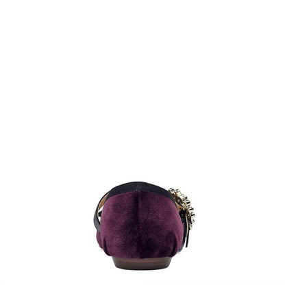 FSJ Velvet Rhinestone Buckle Bow Mary Jane Flats in Burgundy