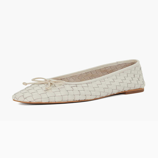 Ivory Woven Detail Square Toe Bow Accent Casual Flat Shoes Women