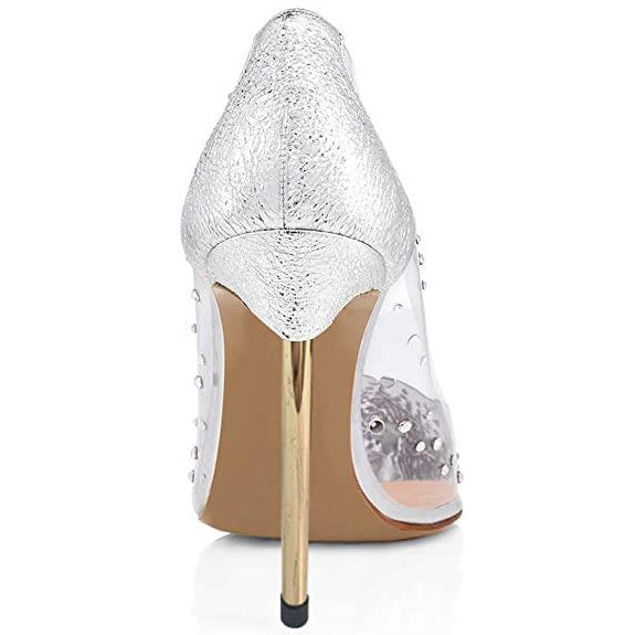 Women's Trendy PVC Splicing Pointed Toe Rhinestone Pumps Heels