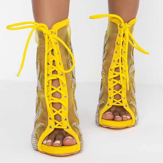 Yellow Open Toe Lace Up Shoes Rhinestones Stiletto Heel Booties