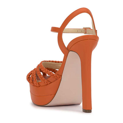 Orange Woven Ankle Strap Round Toe Platform Chunky Heeled Sandals