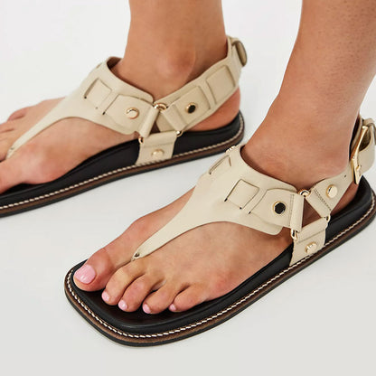 Ivory Hardware Decor T-Strap Open Square Toe Flat Beach Sandals