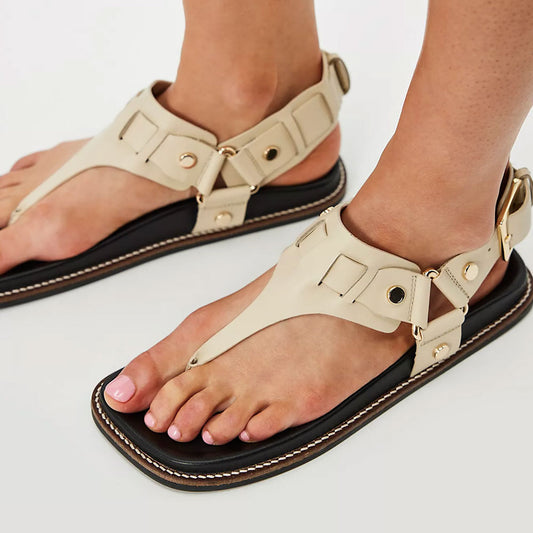 Ivory Hardware Decor T-Strap Open Square Toe Flat Beach Sandals