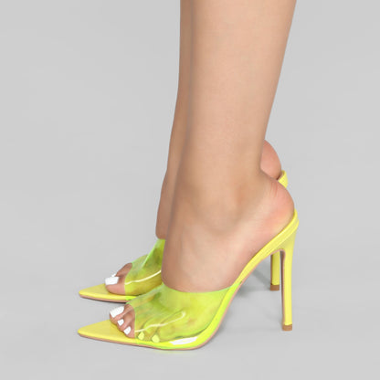 Yellow PVC Pointed Toe Stiletto Heel Mules Sandals