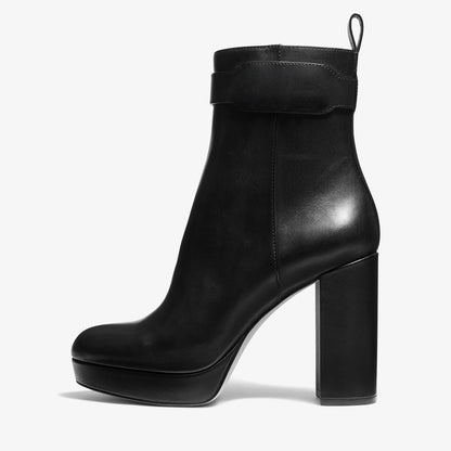 Women's Round Toe Pull Tab Chunky Heel Black Platform Ankle Boots