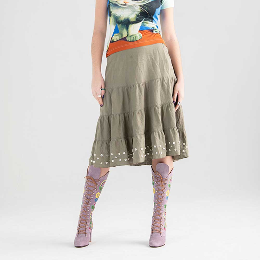 Lavender Closed-Toe Lace-Up Flower Embroidered Mid Calf Boots