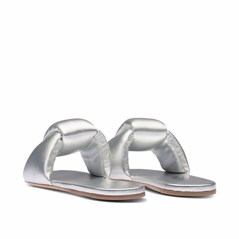 Silver Metallic Padded Slide Sandals Open Toe Flat Shoes for Women
