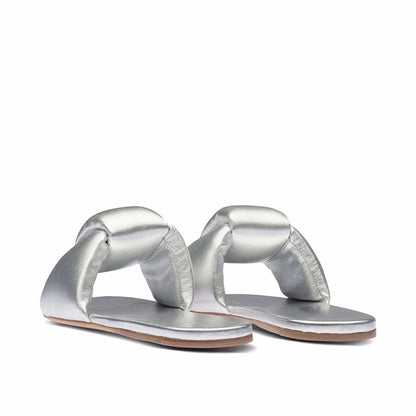 Silver Metallic Padded Slide Sandals Open Toe Flat Shoes for Women