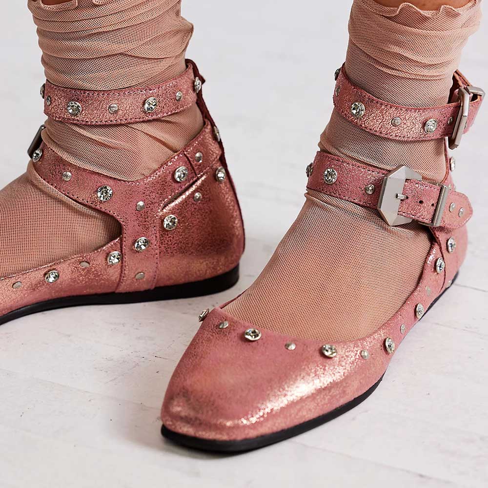 Pink Glitter Round Toe Strappy Ballet Flats