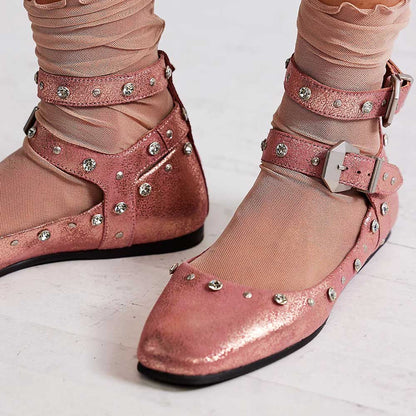 Pink Glitter Round Toe Strappy Ballet Flats