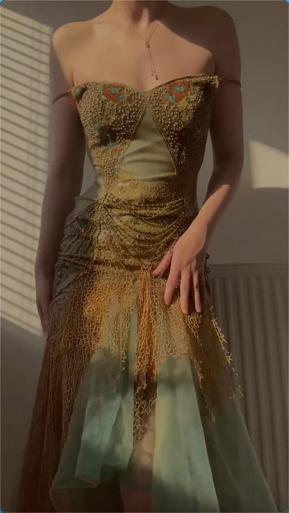 Vintage Green Beaded Chiffon Embroidery Prom Dress A-Line Spaghetti Strap Evening Dress Long Formal Dress TP4688