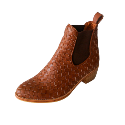 Brown Woven Detail Round Toe Chunky Heel Short Boots for Women