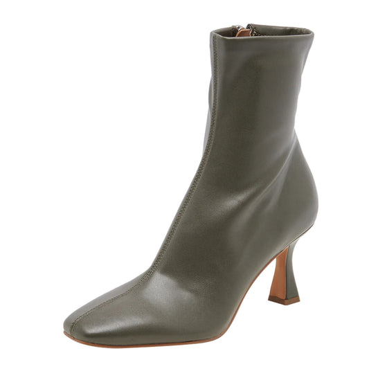 Vegan Leather Square Toe Side Zipper Spool Heeled Ankle Boots in Olive