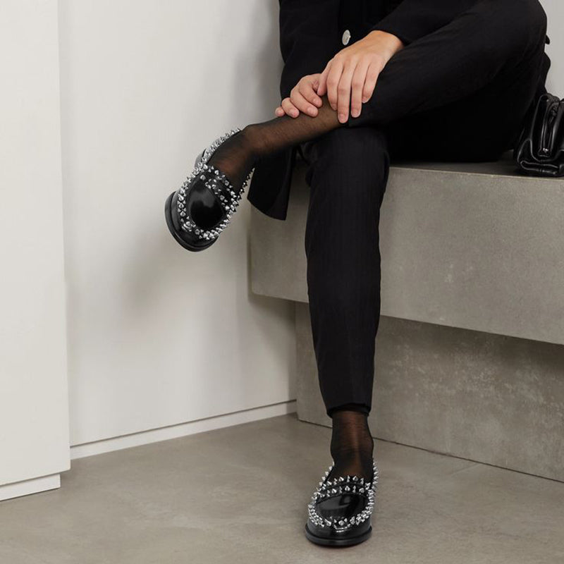 Black Patent Leather Rivet Round Toe Casual Vintage Flat Loafers