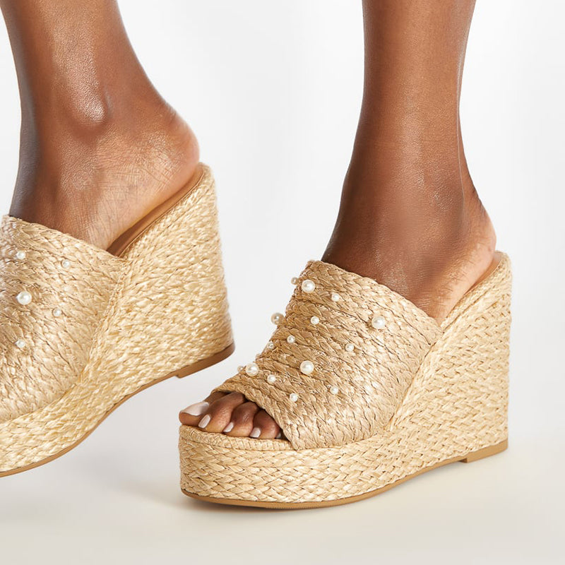 Nude Open Toe Wedge Heel Woven Platform Mules Summer Pearl Sandals