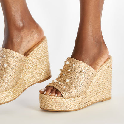 Nude Open Toe Wedge Heel Woven Platform Mules Summer Pearl Sandals