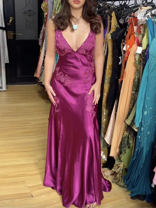 Vintage Hot Pink Satin Embroidery Prom Dress Sheath Backless Evening Dress Long Formal Dress TP4686