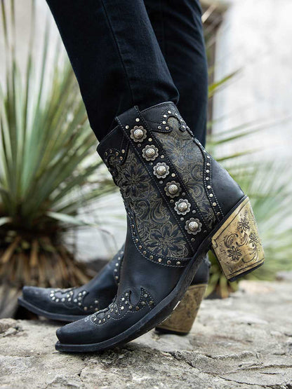 Black Vegan Leather Snip Toe Floral Printed Studded Block Heeled Cowgirl Ankle Boots