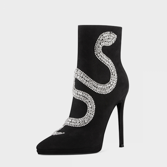 Black Vegan Suede Rhinestone Snake Pattern High Heel Boots with Zip